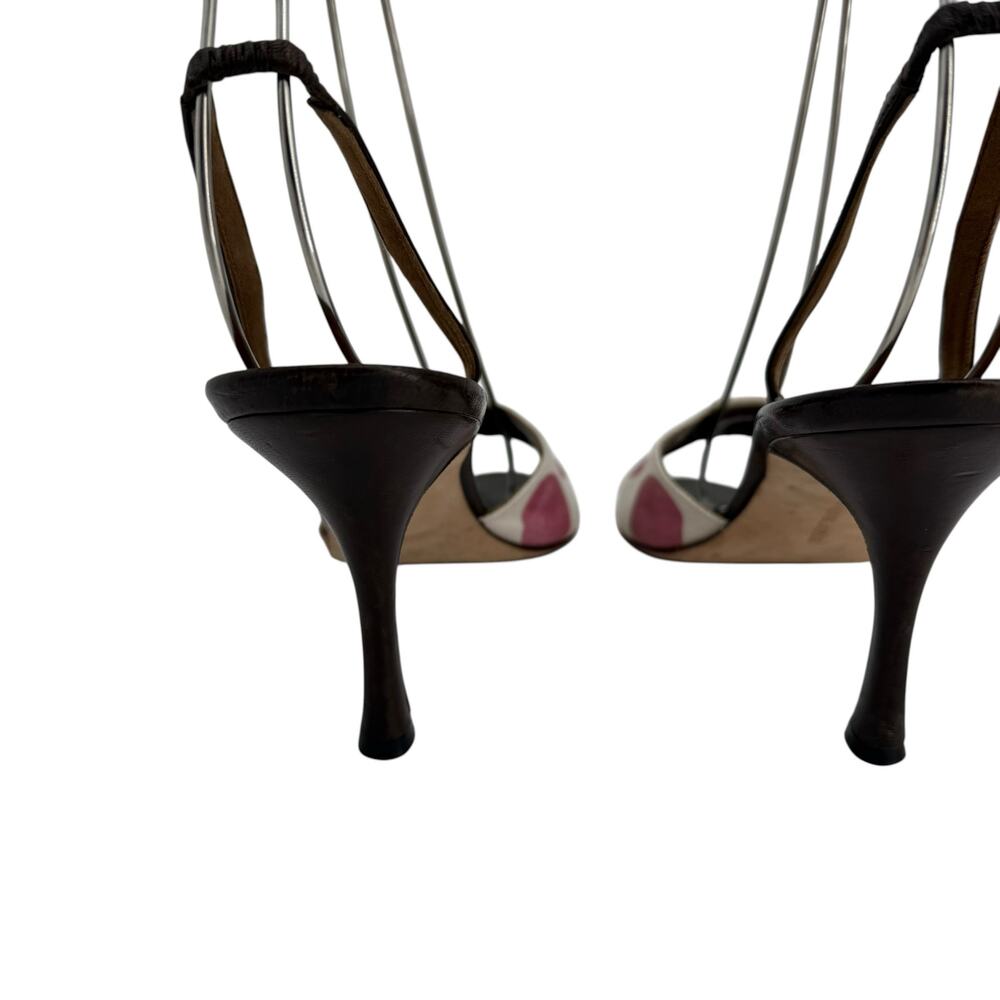 Vintage Manolo Blahnik Polka Dot Slingback Heels Canvas Brown Pink 38.5 Pinup - Picture 9 of 13